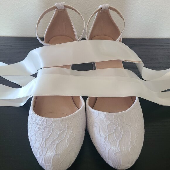 Kailee P White Lace Block 3inch Heel With Satin Tie and Ankle Strap Options - Picture 5 of 6